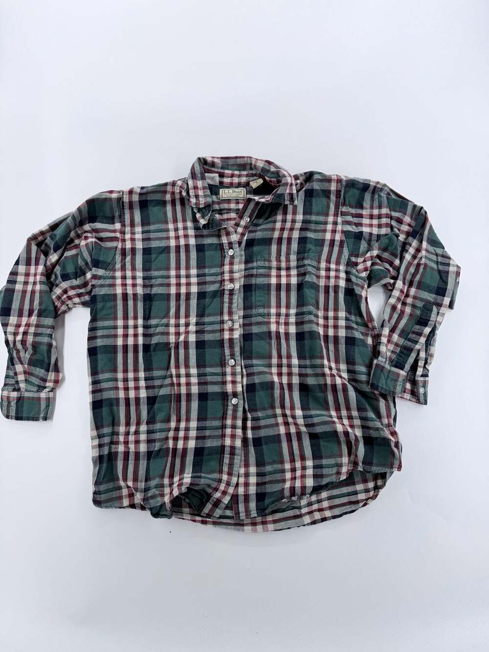 L.L. Bean Flannel Shirt Size M Green Red Plaid Cotton Made in USA